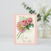 ロマンチックなヴィンテージバレンタインハートとバラ シーズンポストカード (スタンド正面)