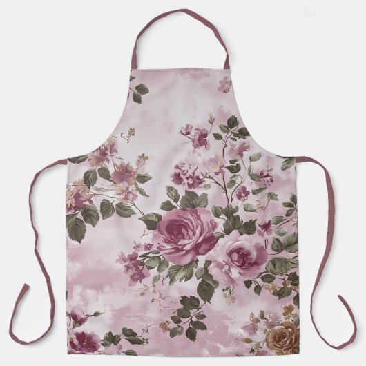 ロマンチックなヴィンテージフローラバラピンクウォーター色 エプロン (正面)
