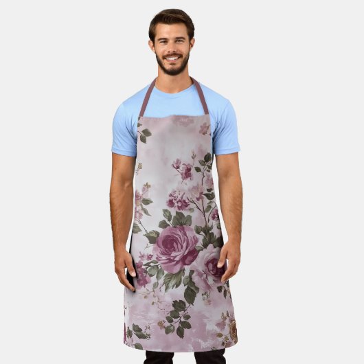 ロマンチックなヴィンテージフローラバラピンクウォーター色 エプロン (着用した状態)