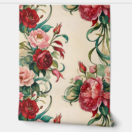 ロマンチックなヴィンテージフローラレッドピンクローズリムーバブル 壁紙