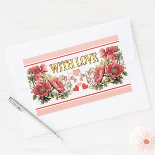 ロマンチックなヴィンテージポピーとハートシール 長方形シール (封筒)