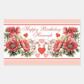 ロマンチックなヴィンテージポピーとハート誕生日 長方形シール (正面)