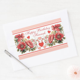 ロマンチックなヴィンテージポピーとハート誕生日 長方形シール