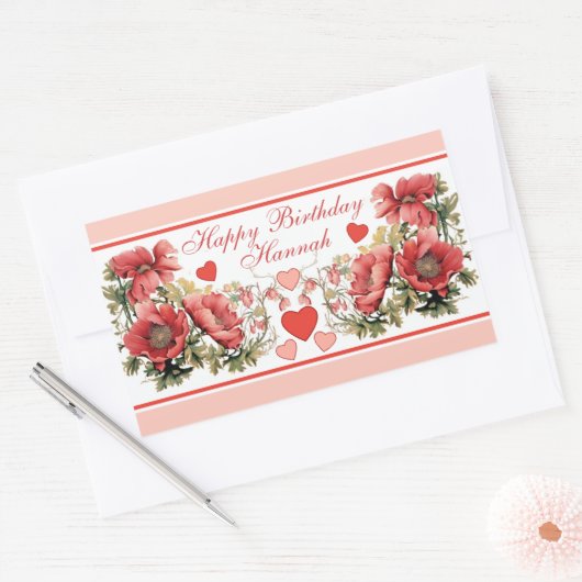 ロマンチックなヴィンテージポピーとハート誕生日 長方形シール (封筒)