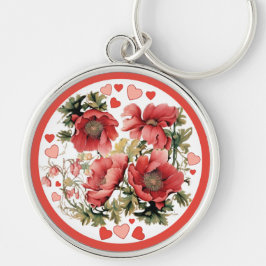 ロマンチックなヴィンテージポピーとハート キーホルダー
