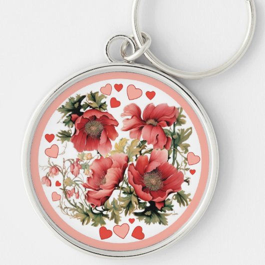 ロマンチックなヴィンテージポピーとハート キーホルダー (正面)