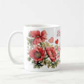 ロマンチックなヴィンテージポピーとハート コーヒーマグカップ (左)