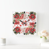 ロマンチックなヴィンテージポピーとハート スクエア壁時計 (ホーム)