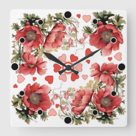 ロマンチックなヴィンテージポピーとハート スクエア壁時計