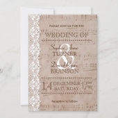 ロマンチックなヴィンテージミュージックシート&レース結婚式の招待 招待状 (正面)