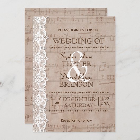 ロマンチックなヴィンテージミュージックシート&レース結婚式の招待 招待状 (正面/裏面)