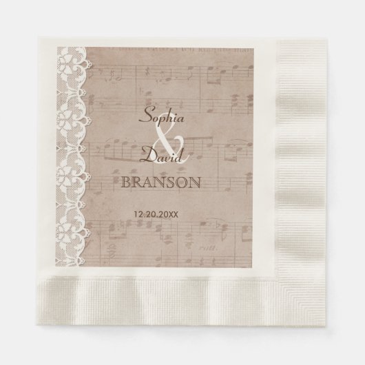 ロマンチックなヴィンテージミュージックシー結婚ト&レース 縁ありランチョンナプキン (正面)