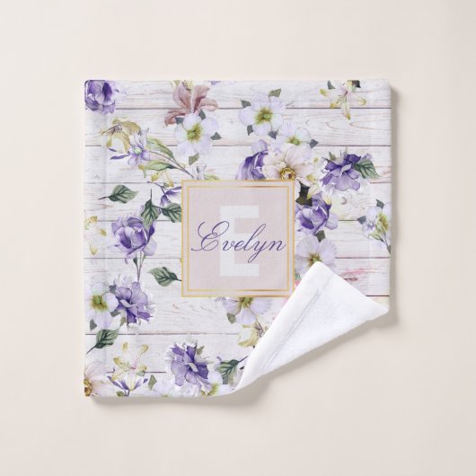 ロマンチックなヴィンテージレトロフラワーズオンバーンウッド&名前 ウォッシュタオル (ウォッシュタオル)