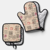 ロマンチックなヴィンテージ新聞 鍋つかみ&鍋敷きセット (正面/裏面)