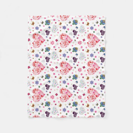 ロマンチックなヴィンテージ春赤面ピンクのハート花 フリースブランケット (正面)