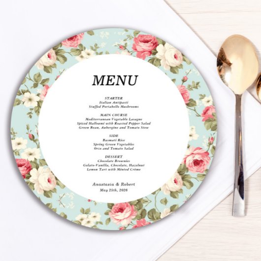 ロマンチックなヴィンテージ結婚フローラの丸いメニューカード メニュー