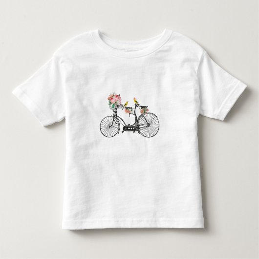 ロマンチックなヴィンテージ自転車の花と鳥 トドラーTシャツ (正面)
