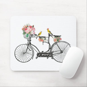 ロマンチックなヴィンテージ自転車の花と鳥 マウスパッド