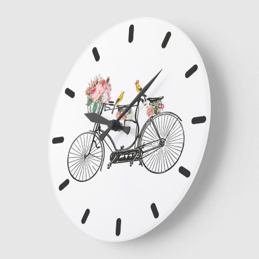 ロマンチックなヴィンテージ自転車の花と鳥 ラージ壁時計 (傾斜)