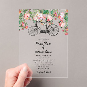 ロマンチックなヴィンテージ自転車の花結婚と鳥 アクリル招待状