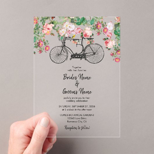 ロマンチックなヴィンテージ自転車の花結婚と鳥 アクリル招待状 (インサイチュ (ポータブル))