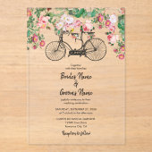 ロマンチックなヴィンテージ自転車の花結婚と鳥 アクリル招待状 (正面)