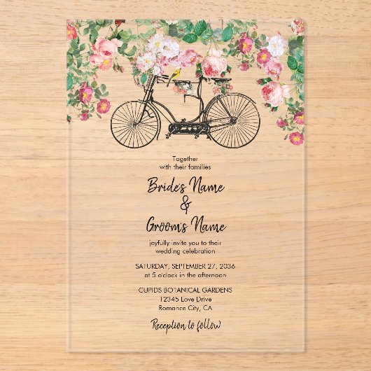 ロマンチックなヴィンテージ自転車の花結婚と鳥 アクリル招待状 (正面)