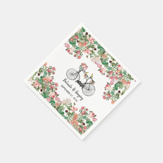 ロマンチックなヴィンテージ自転車の花結婚と鳥 スタンダードカクテルナプキン (角)