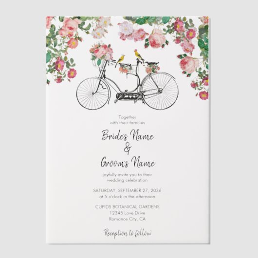 ロマンチックなヴィンテージ自転車の花結婚と鳥 ベラム紙招待状 (正面)