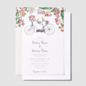 ロマンチックなヴィンテージ自転車の花結婚と鳥 ベラム紙招待状 (オフセット)