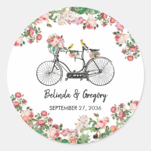 ロマンチックなヴィンテージ自転車の花結婚と鳥 ラウンドシール