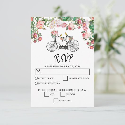 ロマンチックなヴィンテージ自転車の花結婚と鳥 出欠カード (スタンド正面)