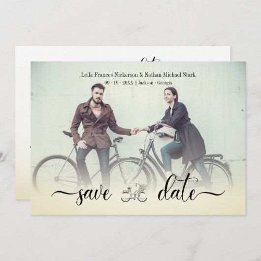 ロマンチックなヴィンテージ自転車カスタムウェディングカップルの写真 (正面/裏面)