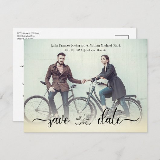 ロマンチックなヴィンテージ自転車カスタムウェディングカップルの写真 ポストカード (正面/裏面)