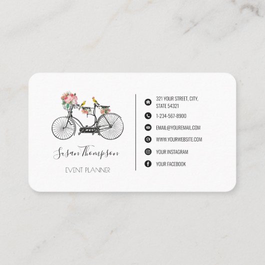 ロマンチックなヴィンテージ自転車フラワーズイベントプランナー 名刺 (裏面)