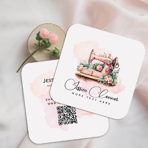 ロマンチックなヴィンテージ裁縫機械 – 水色フローラ スクエア名刺