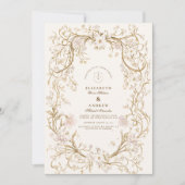 ロマンチックなヴィンテージ金ゴールドフローラ結婚フレーム 招待状 (正面)