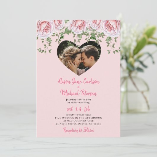 ロマンチックな写真ハートピンク結婚フローラ 招待状 (スタンド正面)