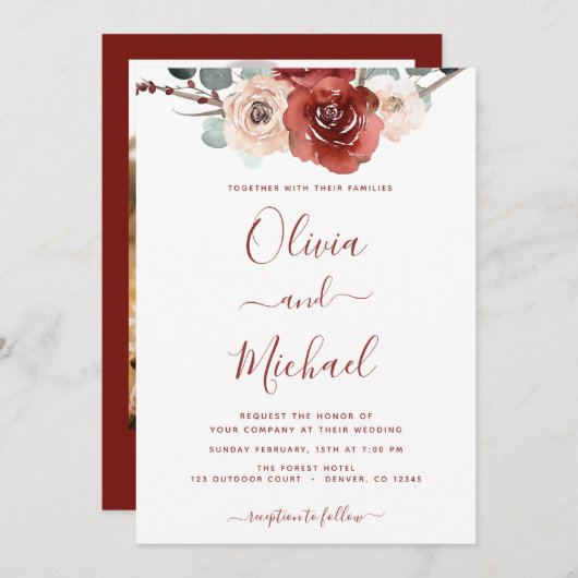 ロマンチックな写真ブルゴーニュ結婚ユーカリ秋 招待状 (正面/裏面)