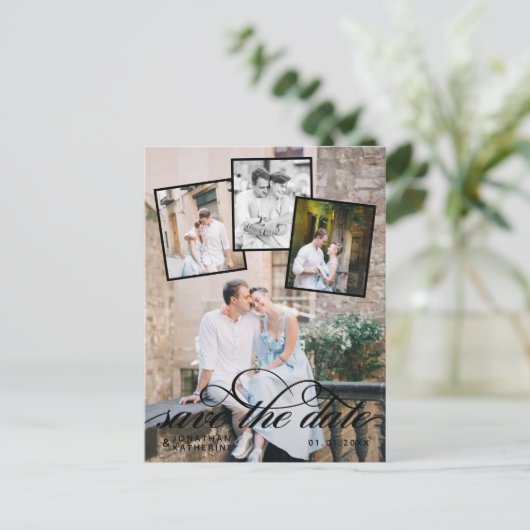 ロマンチックな写真結婚コラージュの黒文字 案内ポストカード (スタンド正面)