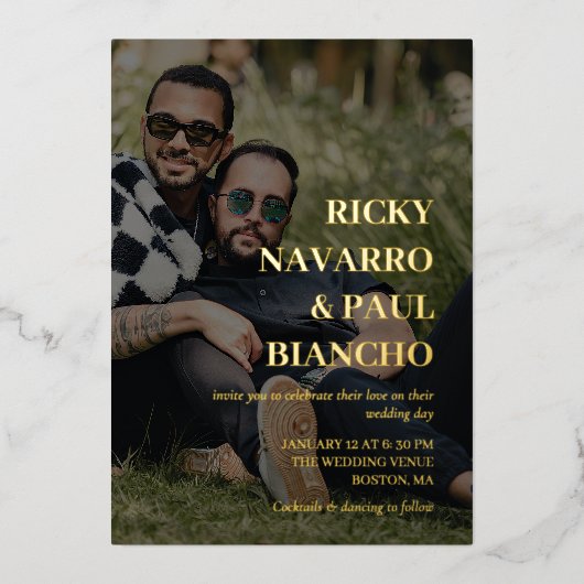 ロマンチックな写真&ゴールドフォイルフォント結婚ズ 箔招待状 (正面)