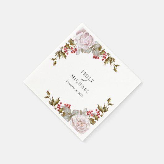 ロマンチックな冬のフローラとエバーグリー結婚ズ スタンダードカクテルナプキン (角)