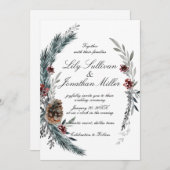 ロマンチックな冬の松のモミフローラ結婚フレーム 招待状 (正面/裏面)