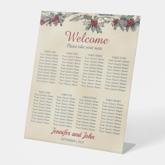 ロマンチックな冬の結婚式のゲストの座席表 台座サイン (正面)