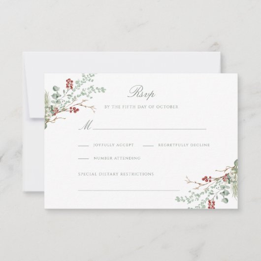 ロマンチックな冬の結婚緑 出欠カード (正面)