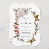 ロマンチックな冬の花と常緑樹のウェディング 招待状 (正面/裏面)