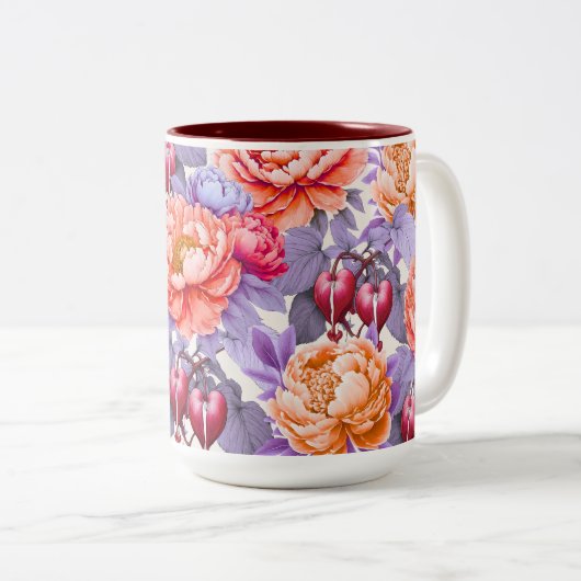 ロマンチックな出血ハートフローラ&牡丹 ツートーンマグカップ (正面右)