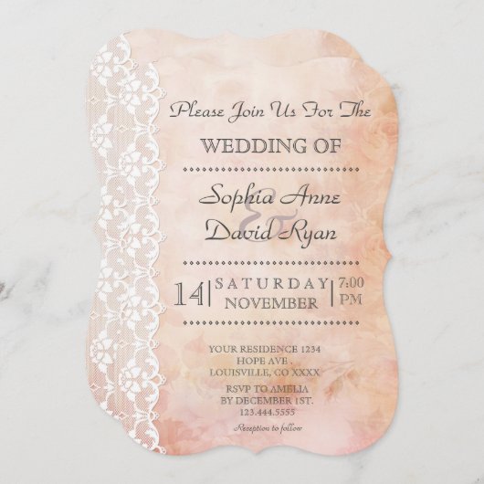 ロマンチックな古い紙とバラとレース結婚ズ 招待状 (正面/裏面)