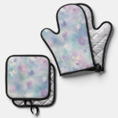 ロマンチックな可愛いラベンダー白い花 鍋つかみ&鍋敷きセット (正面/裏面)