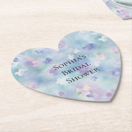 ロマンチックな可愛い紫と白の花のブライダルシャワー ペーパーコースター (アングル)